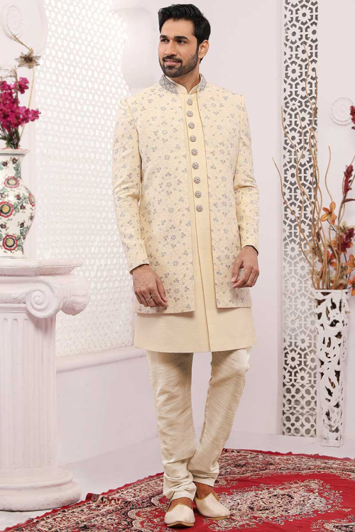 Plain Banarasi Silk Cream Jacket Style Men's Sherwani