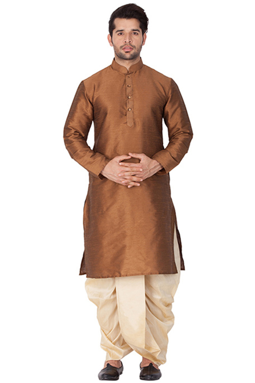 Plain Bangalori Silk Brown Men Kurta Dhoti