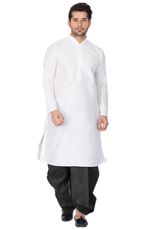 Plain Bangalori Silk White Men Kurta Dhoti