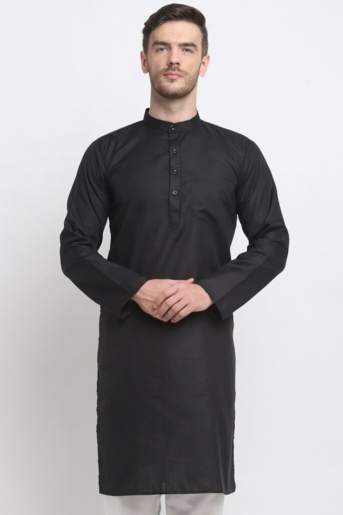 Plain Black Cotton Straight Cut Kurta