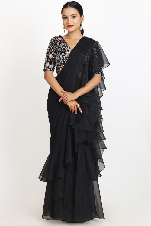 Beautiful Black Organza Ruffle Style Saree