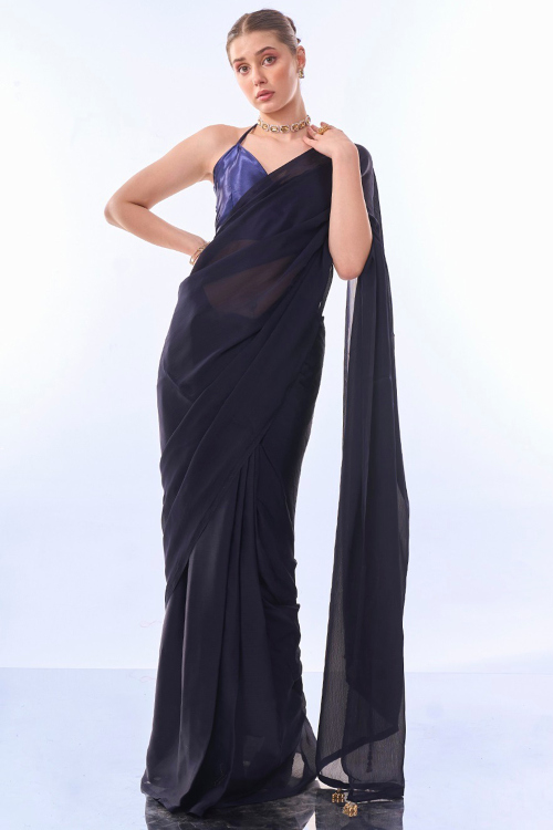 Plain Chiffon Navy Blue Light Weight Saree