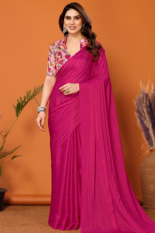 Plain Chiffon Ruby Pink Shimmer Saree