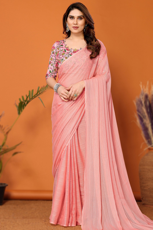Plain Chiffon Shimmer Blush Pink Saree