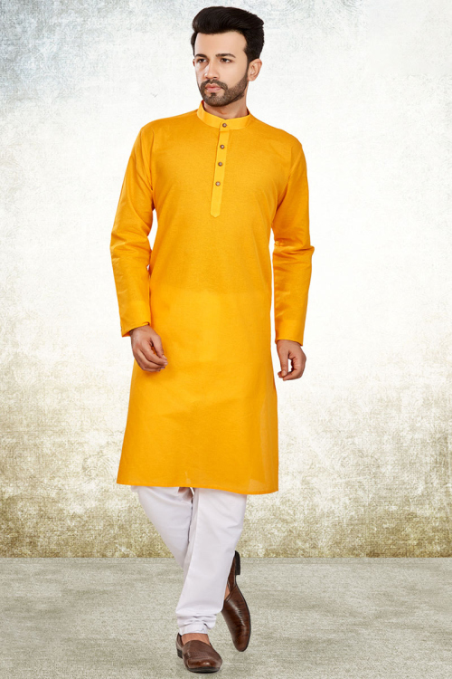 Plain Cotton Bright Yellow Men Kurta Churidar