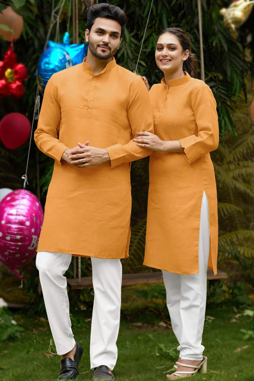Plain Cotton Carrot Orange Casual Wear Couple's Outfit 