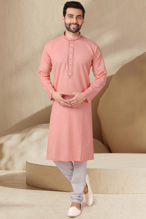 Plain Cotton Coral Peach Men Kurta Pajama
