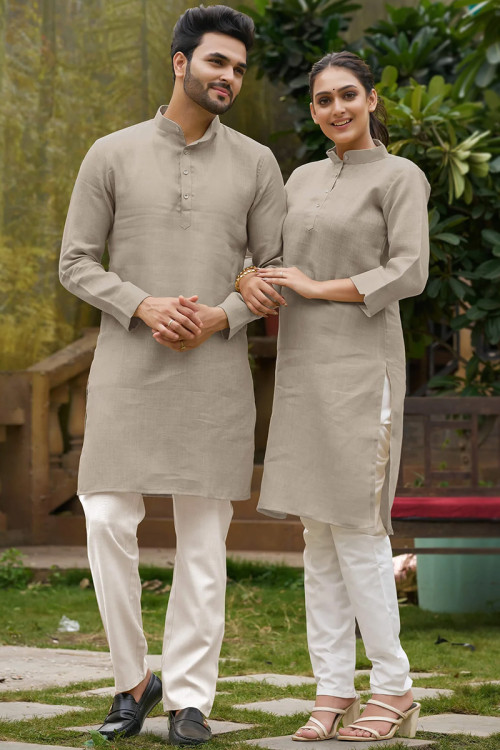 Plain Cotton Grey Beige Casual Wear Couple's Outfit 