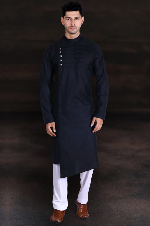 Plain Cotton Kurta Pajama In Black Color For Eid