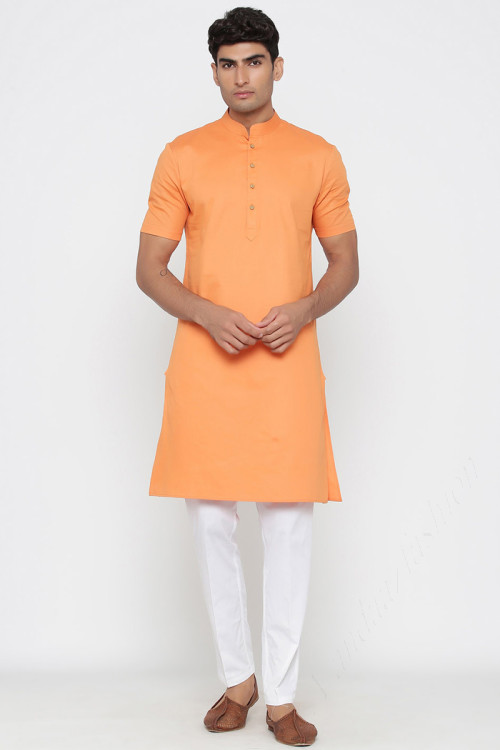 Plain Cotton Light Orange Men's Kurta Pajama