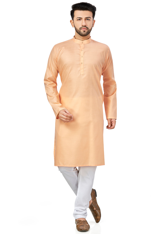Plain Cotton Light Peach Men Kurta Pajama