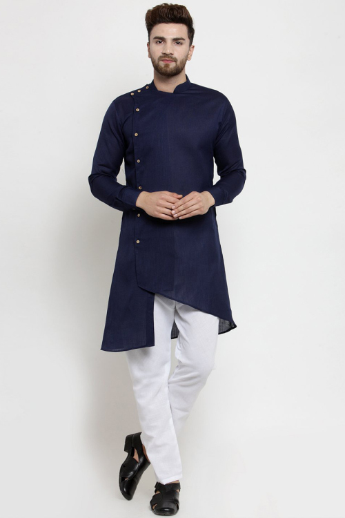 Navy Blue High Low style Wedding Men Kurta Pajama in Cotton