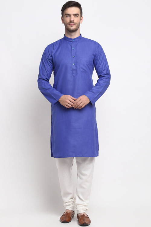 Plain Cotton Royal Blue Straight Cut Men's Kurta Churidar