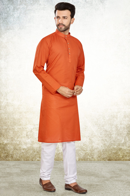 Plain Cotton Rust Orange Men Kurta Churidar