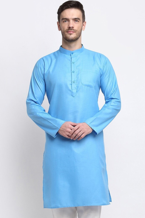 Plain Cotton Sky Blue Straight Cut Men's Kurta