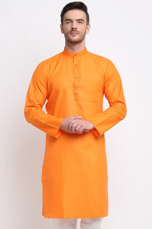 Plain Cotton Turmeric Yellow Straight Cut Men's Kurta