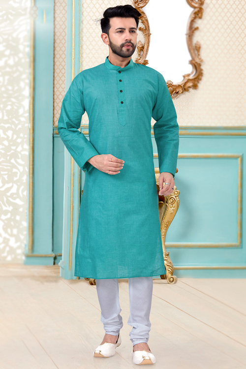 Plain Cotton Turquoise Blue Men Kurta Pajama