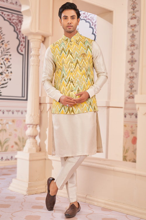 Plain Cream Beige Men's Silk Kurta Pajama With Weaved Jacket