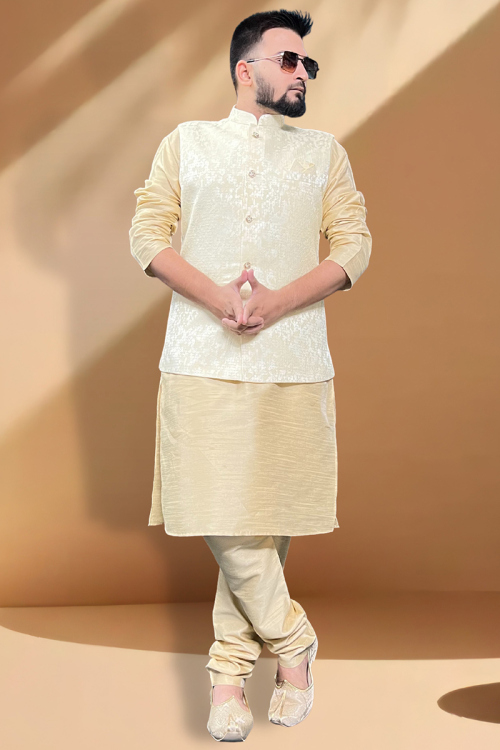 Plain Cream Dupion Silk Kurta Pajama With Waistcoat