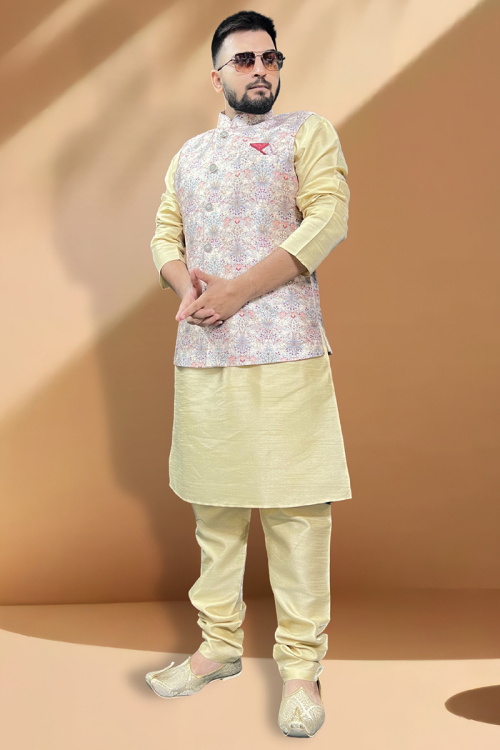 Plain Cream Dupion Silk Kurta Pajama With Printed Waistcoat