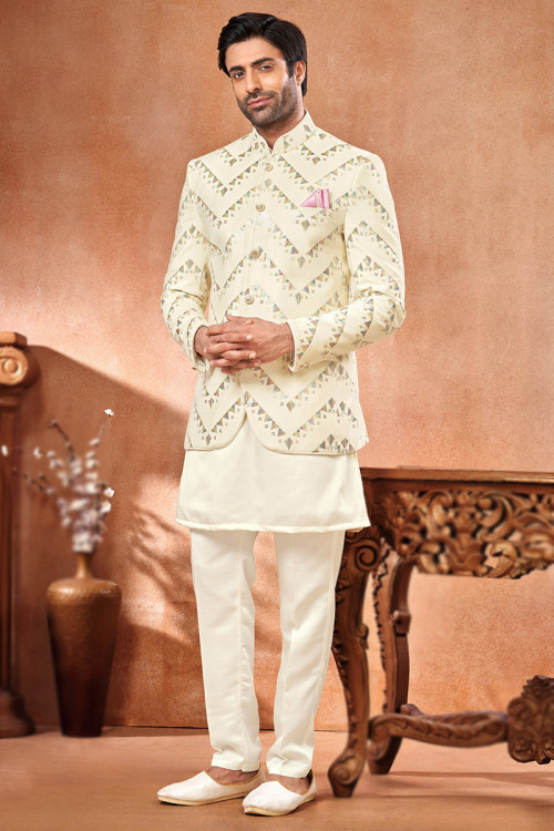 Plain Cream Silk Jacket Style Men's Kurta Pajama 