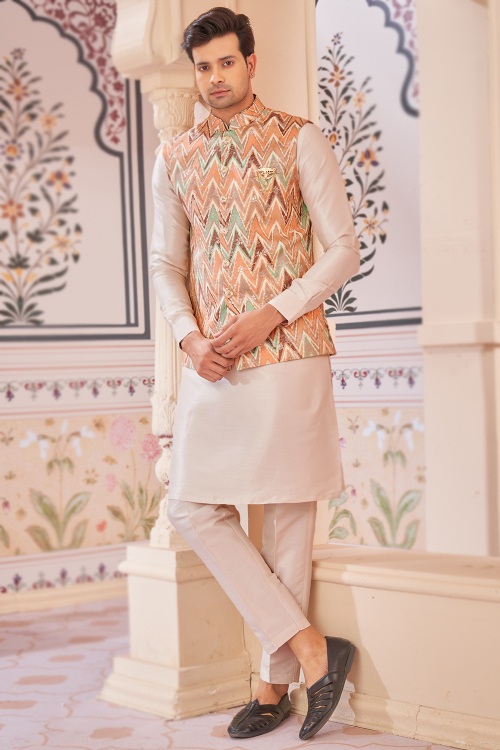 Plain Creamy Pink Men's Silk Kurta Pajama With Weaved Jacket