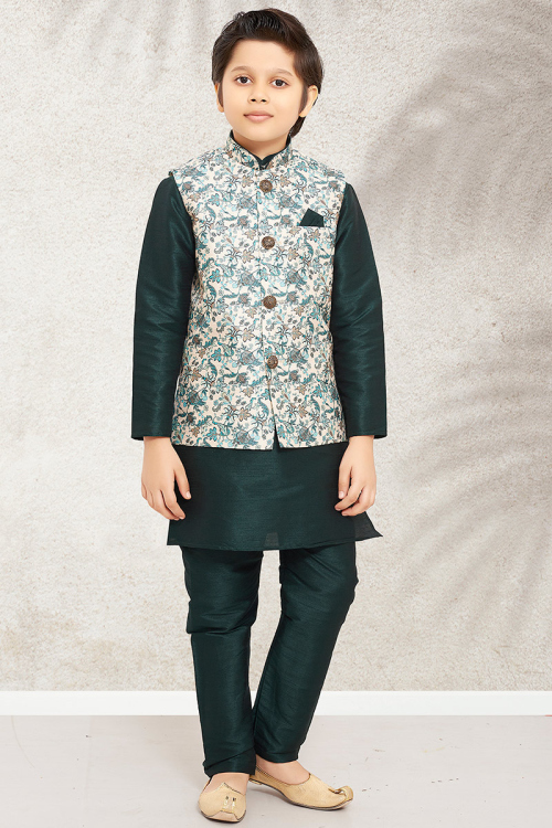 Plain Dark Green Dupion Silk Jacket Style Boy's Kurta Pajama 
