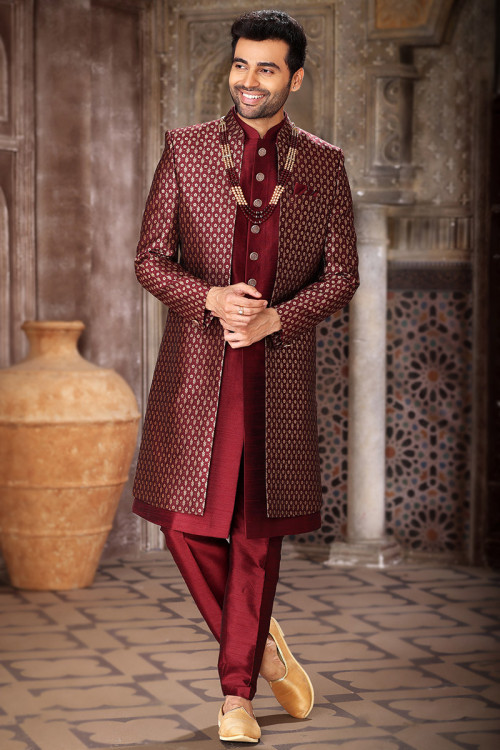 Plain Dupion Silk Burgundy Maroon Jacket Style Men's Sherwani