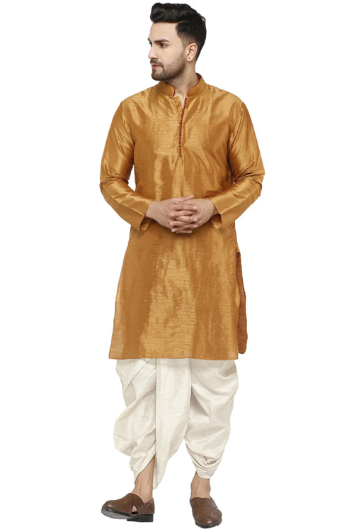 Plain Dupion Silk Chikko Brown Men's Kurta With Dhoti