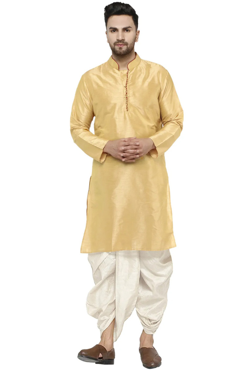 Plain Dupion Silk Cream Beige Men Dhoti Kurta
