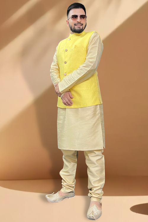 Plain Dupion Silk Cream Kurta Pajama With Yellow Waistcoat