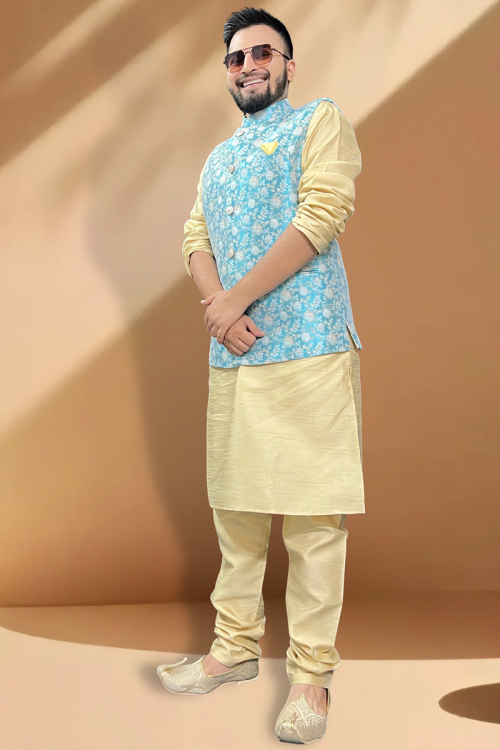Plain Dupion Silk Cream Kurta Pajama With Light Blue Waistcoat