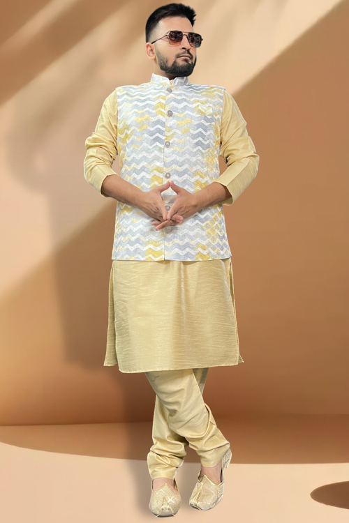 Plain Dupion Silk Cream Kurta Pajama With Light Grey Waistcoat