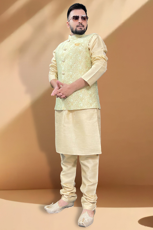 Plain Dupion Silk Cream Kurta Pajama With Pastel Green Waistcoat
