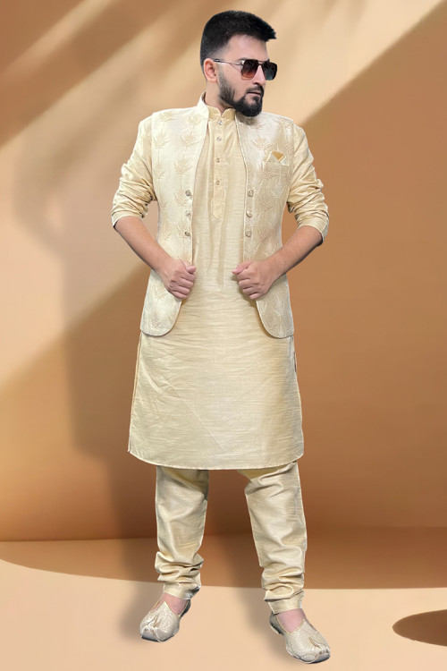 Buy 48 XL Size Jacket Style Cream Kurta Pajama Online for Men in USA