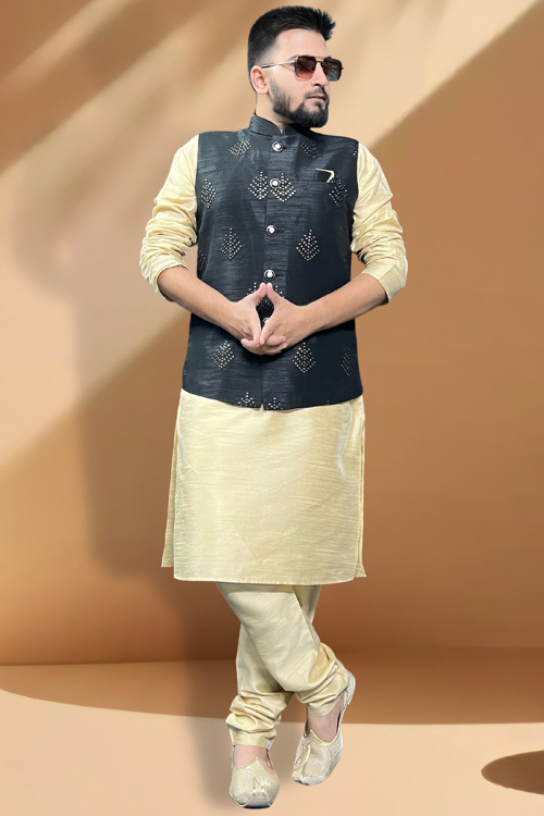 Plain Dupion Silk Cream Kurta Pajama With Black Waistcoat