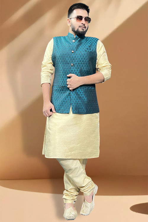 Plain Dupion Silk Cream Kurta Pajama With Teal Blue Waistcoat