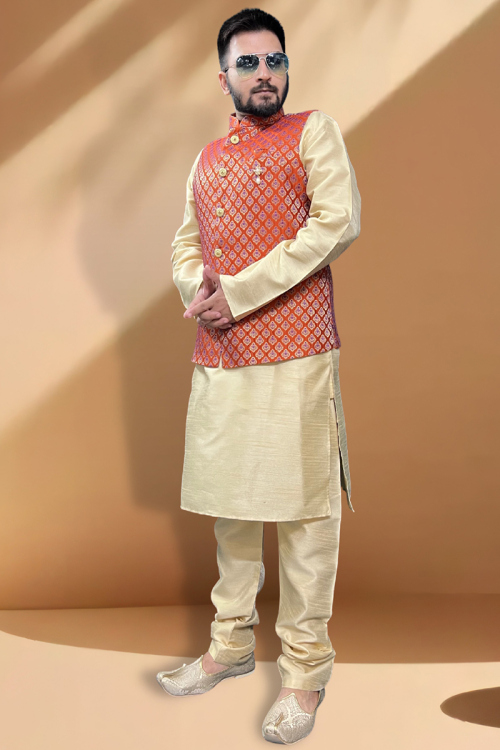 Plain Dupion Silk Cream Kurta Pajama With Orange Waistcoat