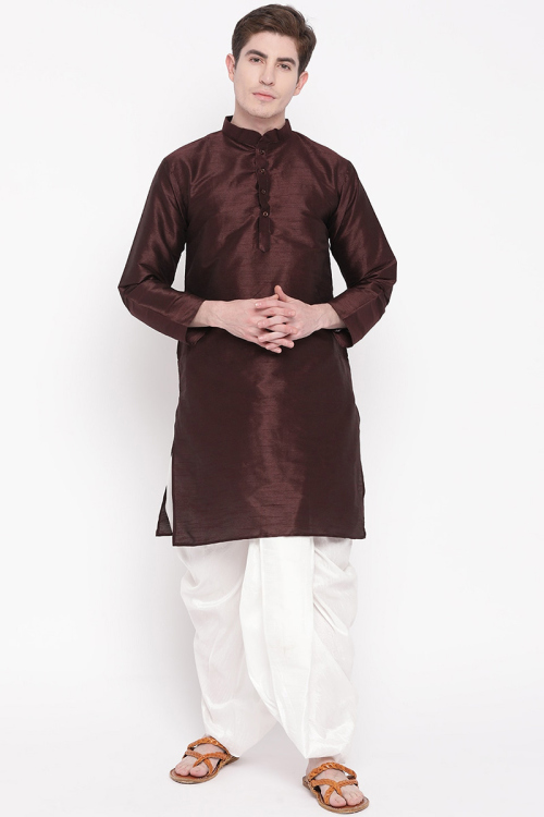 Plain Dupion Silk Dark Brown Men Kurta Dhoti