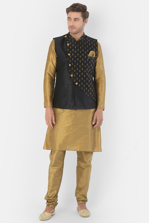 Black kurta pajama with golden jacket clearance