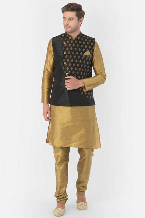 Plain Dupion Silk Gold Men Kurta Churidar With Printed Jacket