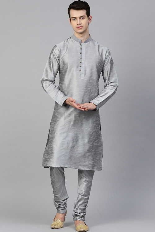 Plain Dupion Silk Grey Men Kurta Pajama for Eid