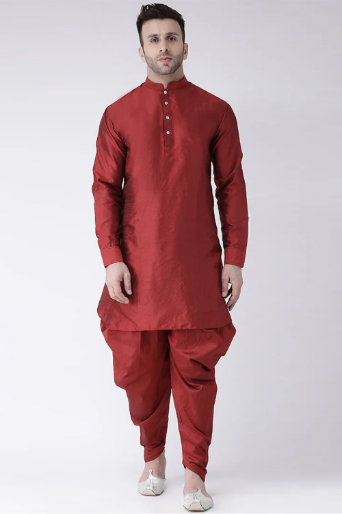 Plain Dupion Silk Light Maroon Men Kurta Dhoti