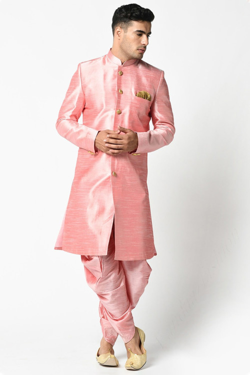 Plain Dupion Silk Light Pink Men Sherwani