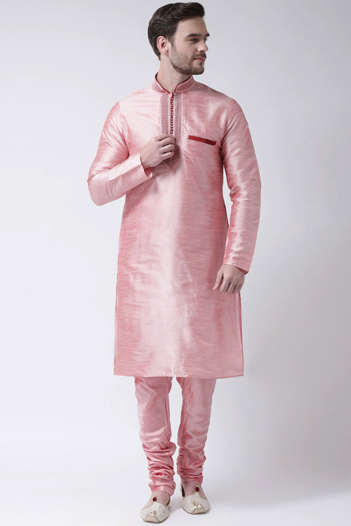 Plain Dupion Silk Light Pink Men's Kurta Pajama