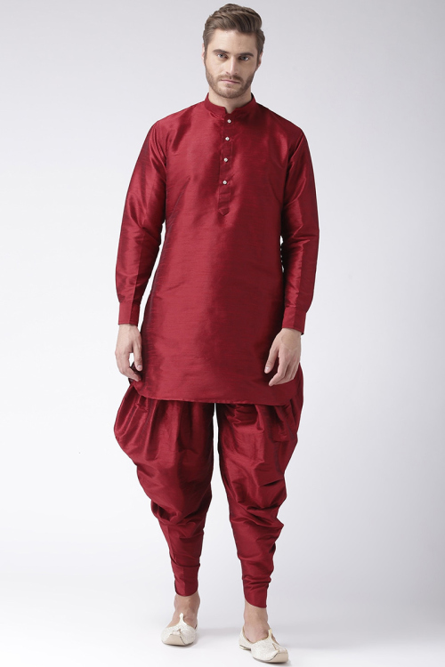 Plain Dupion Silk Maroon Men's Dhoti Kurta 