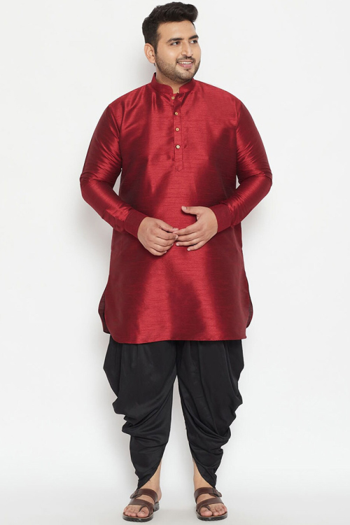 Plain Dupion Silk Maroon Men's Kurta Dhoti