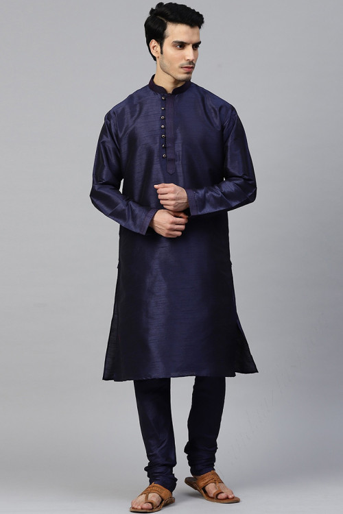 Plain Dupion Silk Navy Blue Men Kurta Pajama for Eid