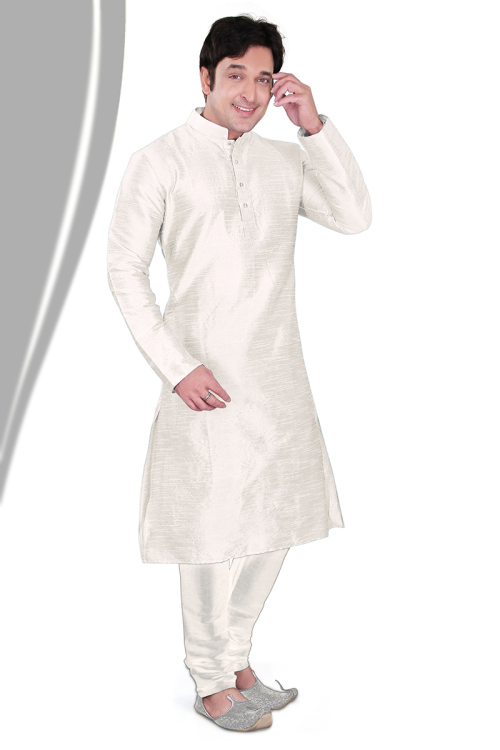 Plain Dupion Silk Off White Straight Cut Men's Kurta Churidar