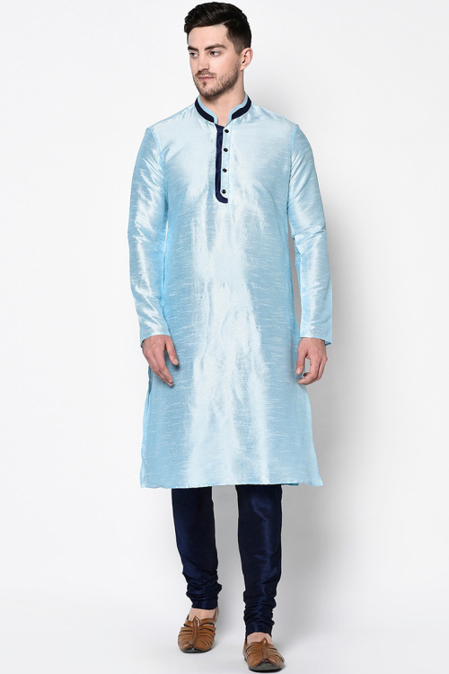 Plain Dupion Silk Powder Blue Men Kurta Churidar